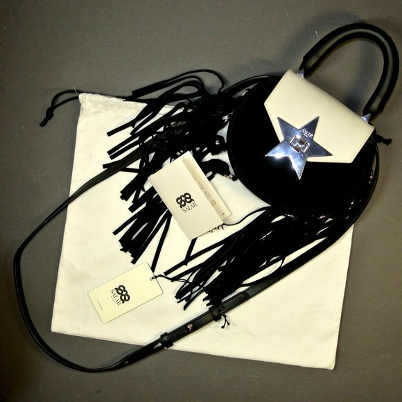SALAR MILANO MIMI STAR FRINGE BAG, BLACK SUEDE WHITE CALFSKIN Rare COLOR COMBO - Picture 2 of 14